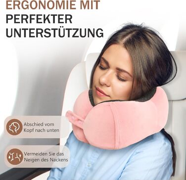 Подушка для шиї у літак, доросла, з піною з пам'яті, регульована, з маскою для сну та берушами, чорна (рожева)