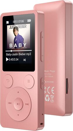 MP3 плеєр 32GB з Bluetooth 5.3 та вбудованим динаміком, FM-радіо, диктофон, HiFi-звук, розширювач пам'яті до 128GB, рожевий