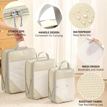 Набір органайзерів для валізи POWZOO (8 шт.) - компресійні кубики для одягу та взуття, бежевий