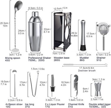 Набір для коктейлів, нержавіюча сталь, 17 предметів, 750мл шейкер, барний аксесуар для дому та бару