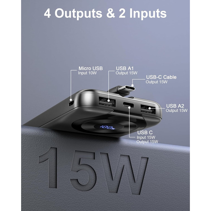 Портативний зарядний пристрій з вбудованими кабелями та роз'ємами, акумуляторний пак, сумісний з Android та іншими пристроями, чорно-жовтий