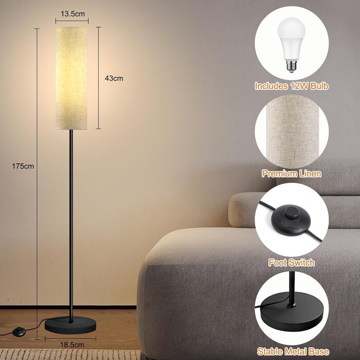Стійка лампа для вітальні з 3 колірними температурами, 12W E27, бавовняний абажур, вимикач на нозі, LED диммер, підходить для спальні, читання, офісу (сучасний)