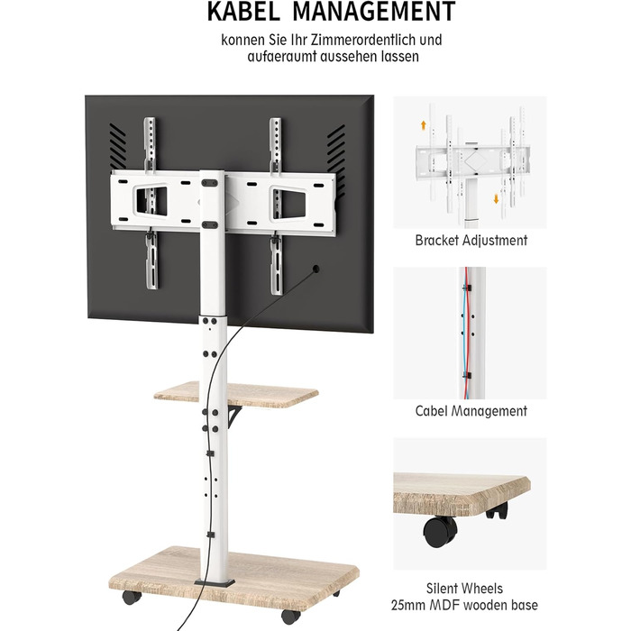 Підставка для телевізора Delphos Mobiler TV Stand - роликова, з дерев'яною основою, для телевізорів 32-70 дюймів, до 45 кг, регульована висота до 130 см, поворотна ±25°, VESA 600x400, біла