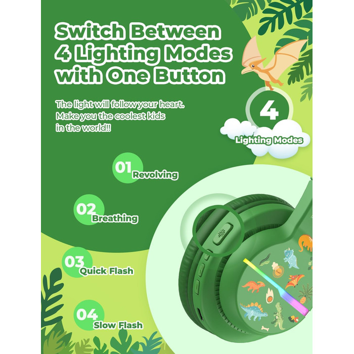 iClever Бездротові навушники для дітей з LED-підсвічуванням, Over-Ear, Bluetooth 5.2, мікрофон, BTH12 (Хвилинка)