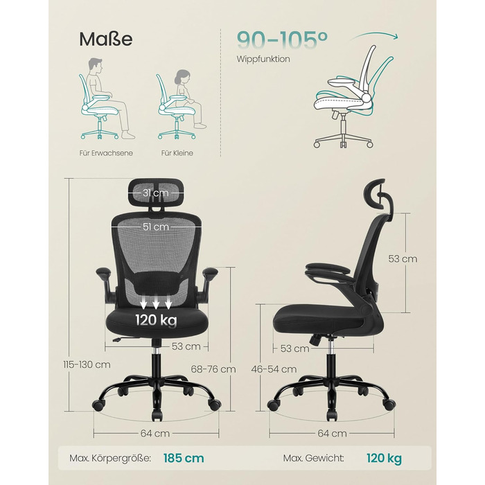 Офісне крісло SONGMICS з ергономічною спинкою з сітки, поперековою та підголівником, функцією гойдання, сидінням 53 см, відкидними підлокітниками, для робочого та спального місця, студентів, OBN37BK (Чорний)