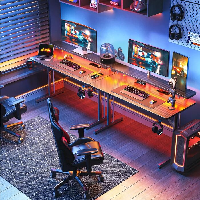 Small LED Gaming Desk with Power Outlets - Carbon Fiber PC Gamer Table 80cm/100cm