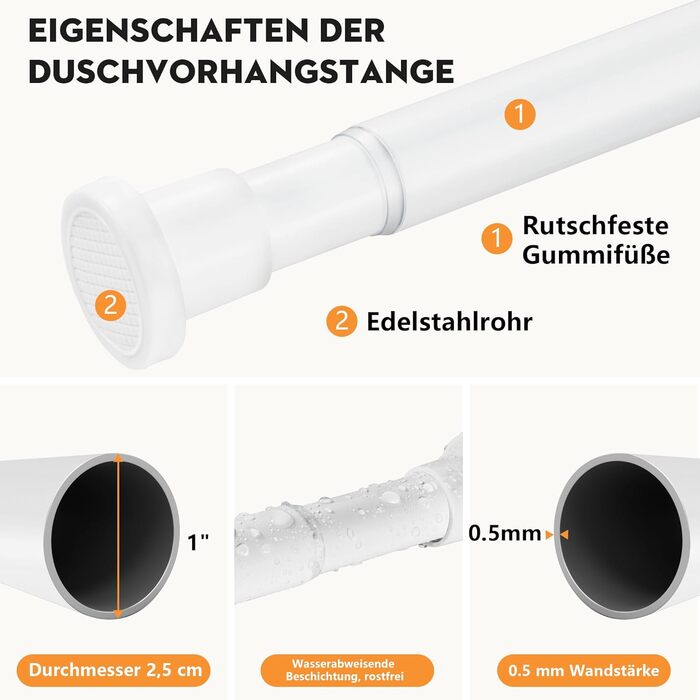 Штанга для душу без свердління 73-224 см, висувна для ванної кімнати, душу, вітальні, біла