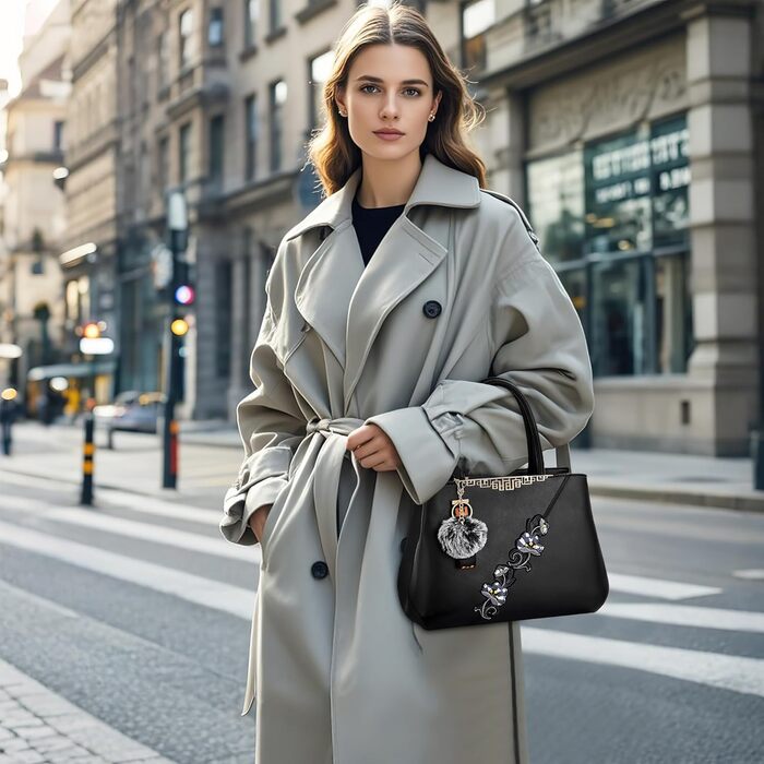 Сумка жіноча DIRRONA велика – сумка через плече та шопер з квітковою вишивкою та помпонами, чорна. Для роботи, відпочинку, подорожей, вечірок та весіль