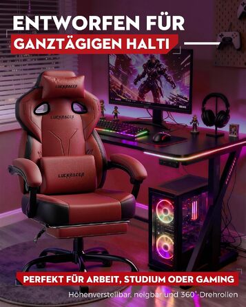 Ігрове крісло LUCKRACER для геймерів та офісу, ергономічний стілець з підставкою для ніг, подушками з ефектом пам'яті, нахилом спинки 90–155° та витримуванням до 150 кг (Червоне, штучна шкіра)