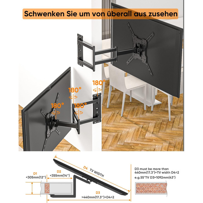 Кронштейн для телевізора FORGING MOUNT поворотний 26-65 дюймів, VESA 400x400, до 35 кг, подовжений 1035 мм