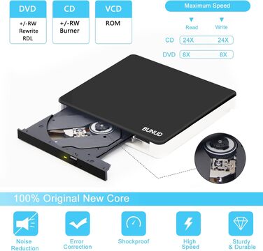 Зовнішній CD/DVD привід BU USB 3.0 & Type-C, DVD+/-RW ROM записувач з картридером SD/TF та USB-портами для ноутбука, PC, MacBook, Windows 11/10, macOS (чорний/білий)