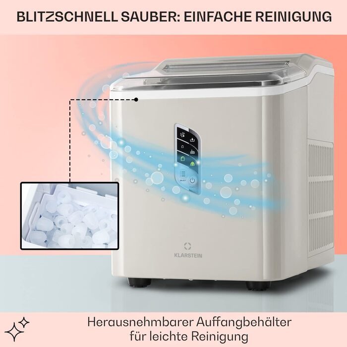 Klarstein Ice Cube Machine Small, Fast Ice Cube Maker, Self-Cleaning Ice Cube Maker, Ice Cube Device for Large and Small Ice Cubes, with Ice Cube Container, 12kg/24h, Capacity 1.5 L (Creme)