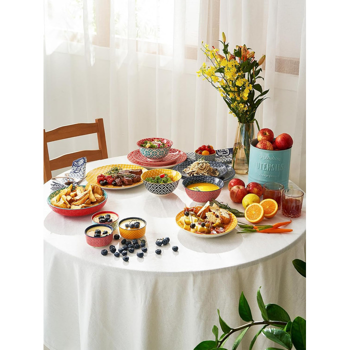 Набір тарілок для мюслі DOWAN (6 шт.), 680 мл, діаметр 15,2 см, кольорові, великі, набір тарілок для вечері, Різдва, супу, салату, кукурудзяних пластівців, з квітковим візерунком