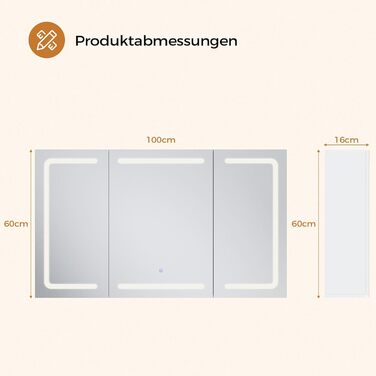 Дзеркало для ванної кімнати зі світлодіодним підсвічуванням, розеткою та 3 колірними температурами | Шафка для ванної кімнати 60x90x16 см (ВxШxГ), диммер + сенсорне управління | Біла шафка-дзеркало для ванної кімнати з 3 регульованими полицями та дзеркало