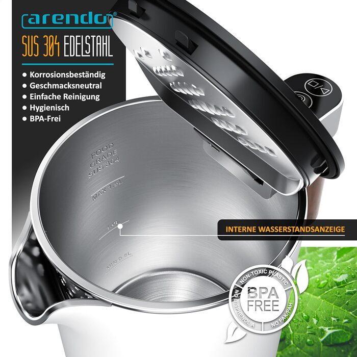 Arendo - Stainless Steel Kettle with Temperature Setting - 45°C-100°C - 1.5 Liter - Double-Walled - BPA Free - Keep Warm Function - Tea Kettle with Temperature Display - Cool Touch Handle - matte white (B: Dark Handle)