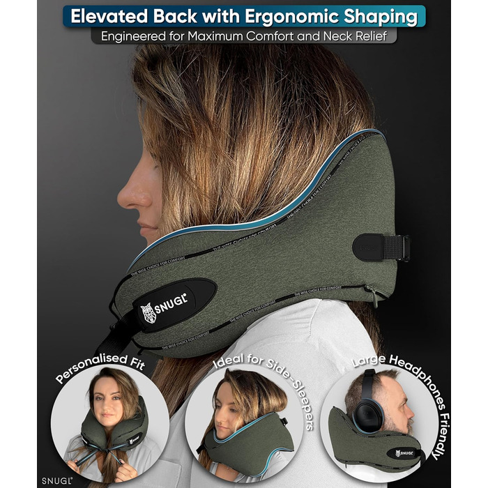 Подушка для шиї SNUGL з піною з пам'яті, миюча та регульована | М'яка подушка для шиї для подорожей на літаку, автомобілі та в дорогу | Подушка-вирязка для шиї, Neck Travel Pillow (дорослий, маленький, світло-зелений)