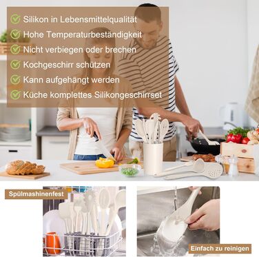 Набір кухонних аксесуарів Joyfair, 15 предметів, силікон, кухонне приладдя, стійке до нагріву, антипригарне, для посуду, з підставкою, придатне для миття в посудомийній машині (Хакі)