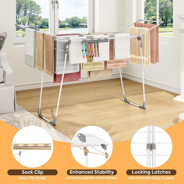 Сушарка для білизни KINGBOARD розкладна велика, крилатий сушарка висувна 174x97x156 см, стійка сушарка з антиковзними ніжками для дому та вулиці, біла