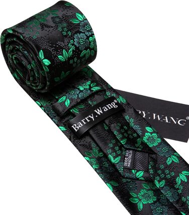 Комплект краваток Barry.Wang: краватка, кишеньковий хустинка та запонки. Чорний колір з зеленим квітковим візерунком, для весілля та ділових зустрічей