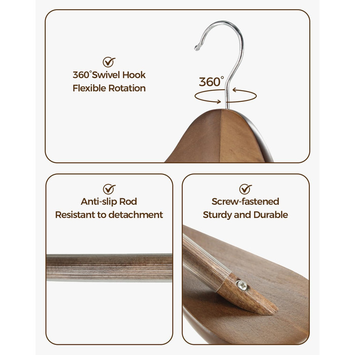 Набір дерев'яних вішалок Premium з широкими плечима (6 шт.) з обертовими гачками | Для пальто, курток, суконь | Натуральне дерево, вінтажний стиль