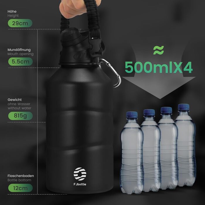 Fjbottle Stainless Steel Water Bottle 1900ML with Magnetic Lid, BPA FREE, Leak-Proof, Double-Walled Thermo Metal Bottle - Suitable for Carbonated Drinks, Sports Water Bottle for University, Fitness, Camping, Outdoor (Black Thermo)
