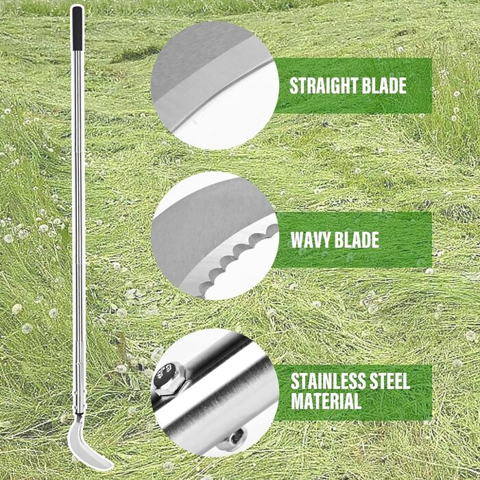 Weed scythe, steel grass scythe with serrated double-edged blade, telescopic grass grabber, stand-up weed scythe, lightweight scythe, garden tool, long handle for garden, yard