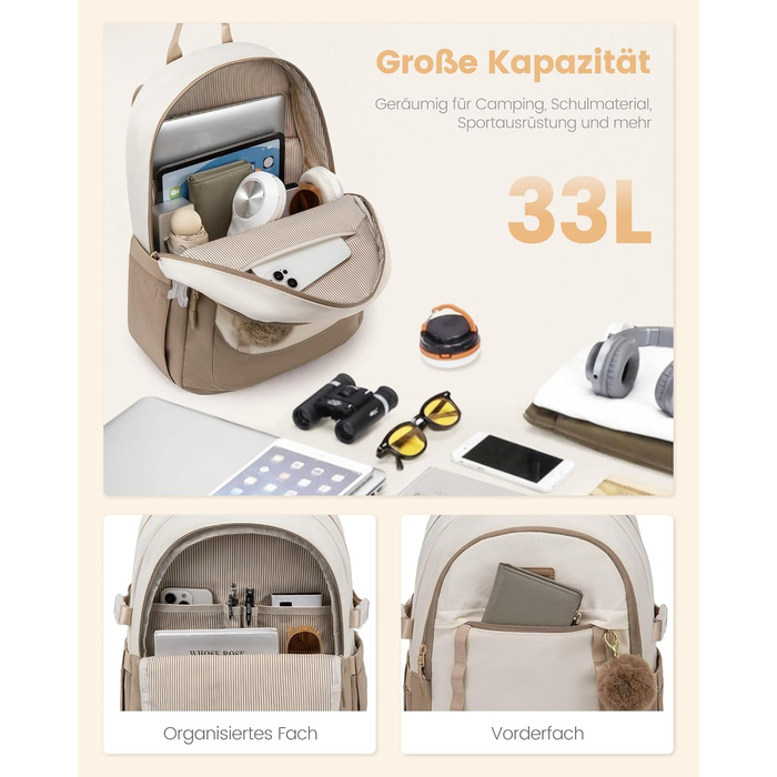 Шкільний рюкзак LOVEVOOK для дівчаток-підлітків, 15.6 дюймів, з відділенням для ноутбука, легкий, з помпоном, для школи, середньої школи, світло-жовтогарячий (15.6 дюймів, Y-бежевий світло-фіолетовий)