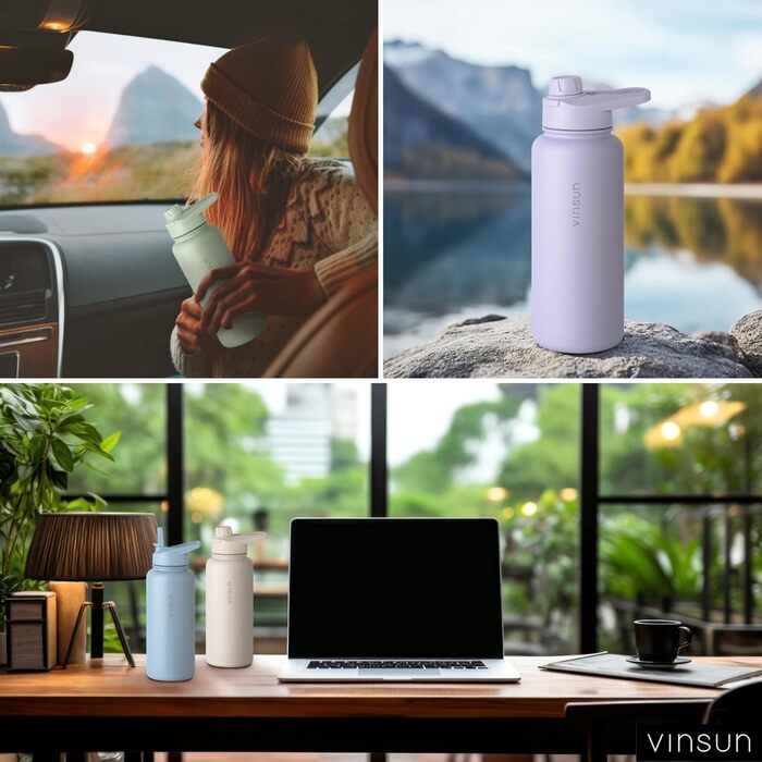 Stainless steel water bottle, purple, 1L - Straw, drinking spout - leak-proof, carbonated beverage compatible, BPA-free - Thermos bottle, sports, outdoor, school, university, bicycle, hiking, gym