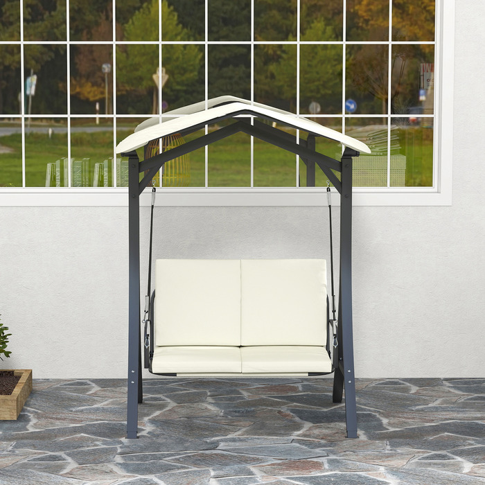 Outsunny Hollywood Swing with Adjustable Sun Canopy and Seat Cushion, Protective Cover, 2-Seater Garden Swing, Weight Capacity up to 220kg, UV 30+ Swing Bench for Garden, Patio, 150x120x182cm, Cream White | Aosom