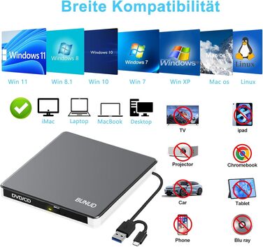 Зовнішній CD/DVD привід BUNUD для ноутбука та ПК: USB-C DVD-брунер з картридером SD/TF та 2 USB-портами для Windows 11, Mac, MacBook