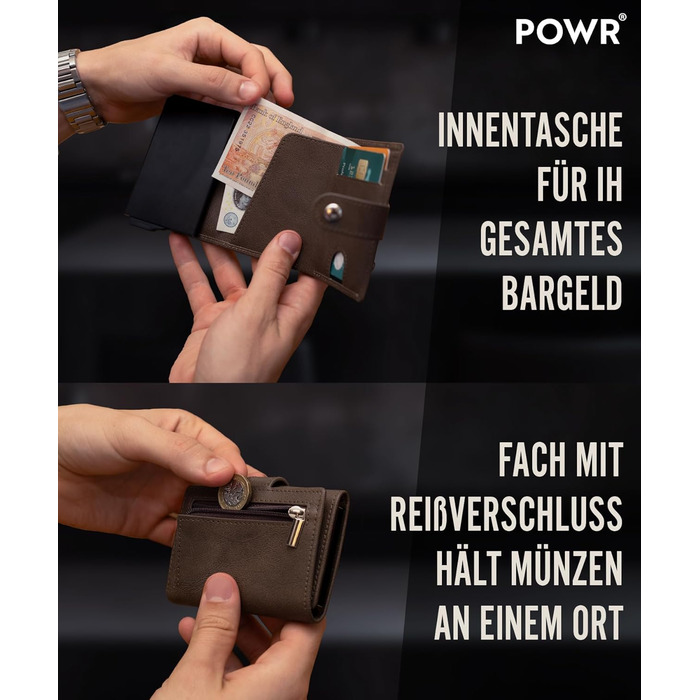 Чоловічий металевий картхолдер POWR Wallet з відділенням для монет. Мінімалістичний картхолдер для чоловіків (темно-коричневий)