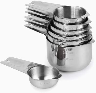 Set of 7 Measuring Cups with 1/8 Cup Coffee Scoop, Stainless Steel Metal Measuring Cups, 7-Piece Stackable Set with Spout - Accurate Measurement