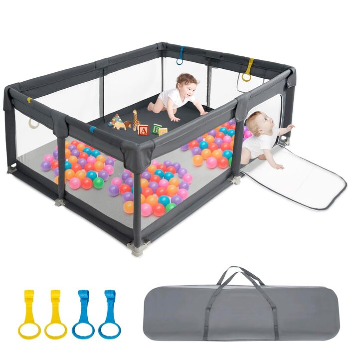 Манеж для дітей IBVIVIC 150x180 см, дитяча огорожа з дихаючої тканини Oxford 300D, протиковзка основа, темно-сірий, для малюків та немовлят
