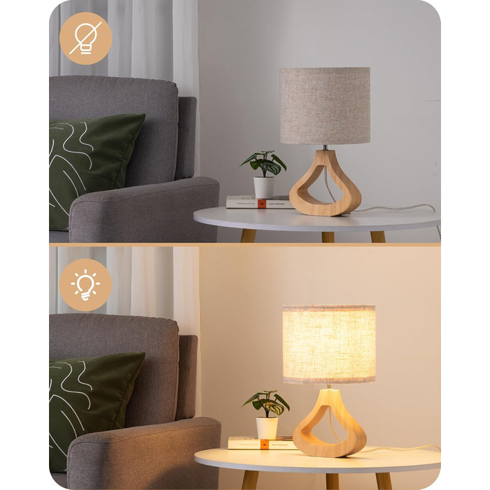 Дерев'яна приліжкова лампа EDISHINE з абажуром з льону, E27, для вітальні, спальні, в стилі кантрі [Енергоклас F]