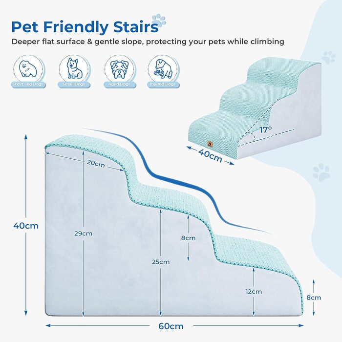 Сходинки для собак маленьких порід, 2/3 сходинки, 30 см, для дому, неслизькі, для котів та собак, сірі/блакитні