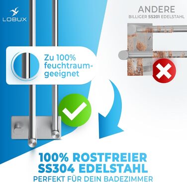 Тримач для рушників без свердління 60 см, нержавіюча сталь, для ванної кімнати, душової кабіни, кухні. В комплекті 2 гачки. Срібний колір