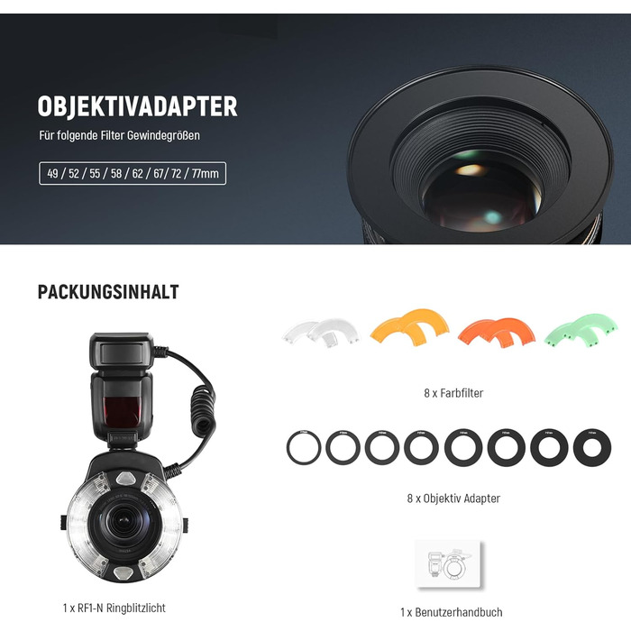 NEEWER RF1-S Макро Спалах кільцеве світло для Sony камери 76W GN15 5600K TTL, 1-1/128, передня/задня синхронізація, кольорові гелі, об'єктивні адаптери, кільця для макрофотографії та студійних фотографій (сумісний з Nikon)