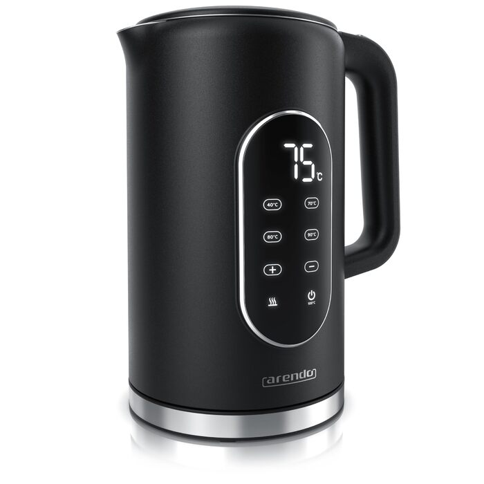 Електричний чайник Arendo з регулюванням температури, нержавіюча сталь, подвійні стінки Cool Touch, дисплей, бездротовий, 2200 Вт, 1.7л, захист від перегріву, функція підтримання тепла, чорний