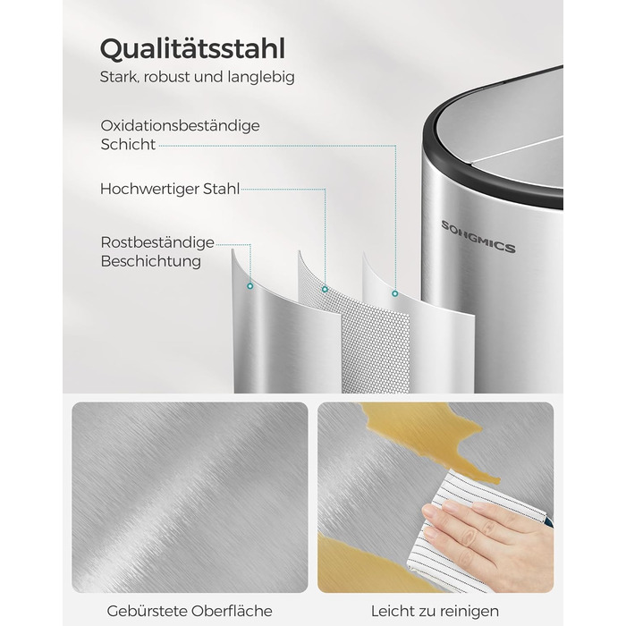 Сміттєве відро SONGMICS для кухні з сортувальником, 30/20 л, з педаллю, 2 відділення, білий + металік