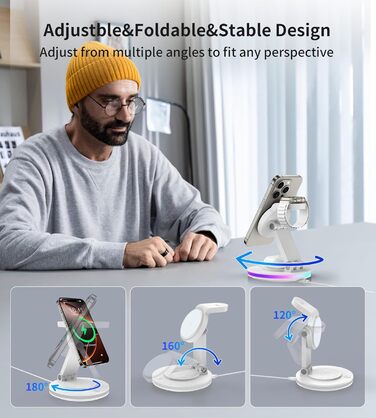 Зарядний пристрій MagSafe 3-в-1 для Apple Watch та iPhone, складний, поворотний з регулюванням світла, бездротовий зарядний станція MagSafe для iPhone 16/15/14, AirPods (без адаптера)