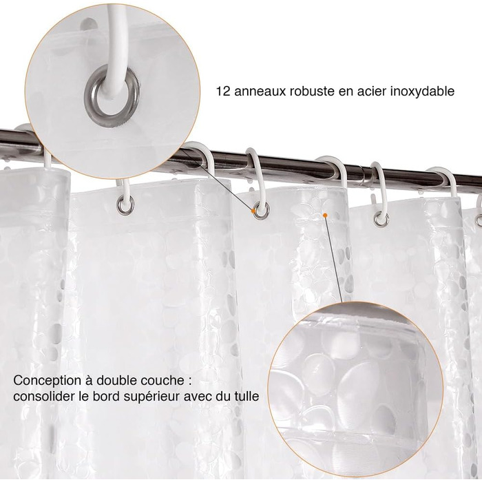 Шторка для душу WELTRXE з антигрибковим покриттям, з вагами та магнітом, 120x180 см, водонепроникна, антибактеріальна, EVA, для дітей, 3D-візерунок каменю, з 8 кільцями для душу (прозорі)