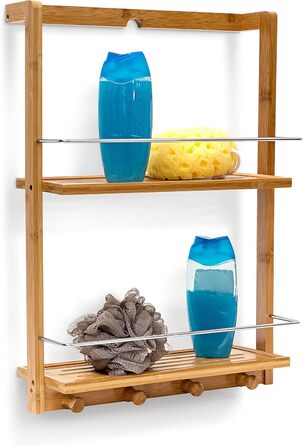 Relaxdays Shower Shelf made of Bamboo HxBxT: approx. 53 x 38 x 15.5 cm Shower shelf with 2 shelves made of moisture-resistant wood Hanging shelf for the bathroom as a practical hanging shelf with 4 towel hooks, natural