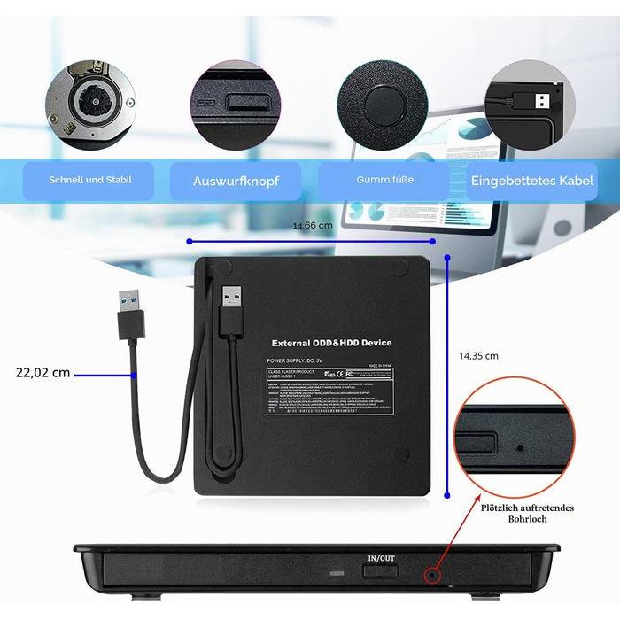 Зовнішній DVD-привід Antika USB 3.0 Type-C, портативний CD/DVD бренер для ноутбука та ПК, підтримка Win11/Win10/MacOS, чорний