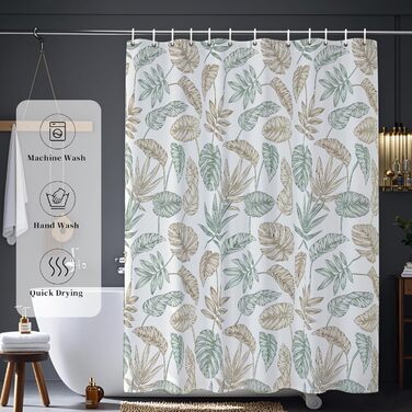 Штора для душу 180x200 см, текстильна, зелена. Матеріал: поліестер, антигрибкова, водонепроникна, з обтяженим краєм, з люверсами та 12 кільцями для душу. Підходить для ванни.