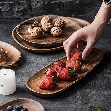 Set of 4 Serving Trays, Irregular Round Wooden Plates & Platters for Snacks, Cheese, Appetizers, Dessert, Sushi, Fruit, Salad, Wooden Serving Board
