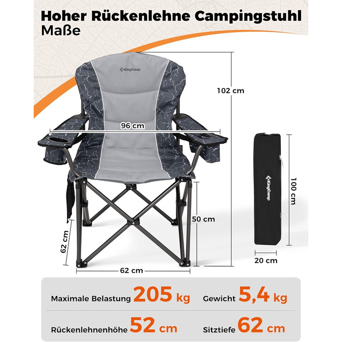 Крісло для кемпінгу KingCamp XXL, 205 кг, розкладне, з підлокітниками, регульованою спинкою, кишенею для охолодження та тримачем для напоїв, для риболовлі, сірий, 2 шт.