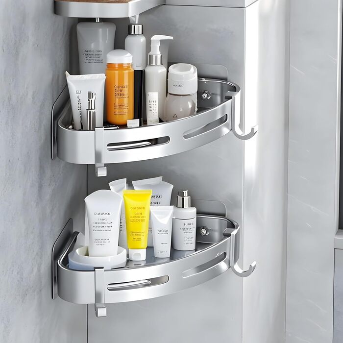 Поличка для душу без свердління, кутова, 2 шт., срібна, алюміній. Органайзер для ванної кімнати з 4 гачками. Підходить для ванної та кухні