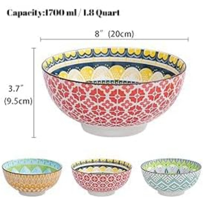 Набір салатників та супових мисок з порцеляни 3 шт. 1.45 л - 20 см, кольорові, для салату, супу, пасти, безпечні для мікрохвильовки та посудомийної машини