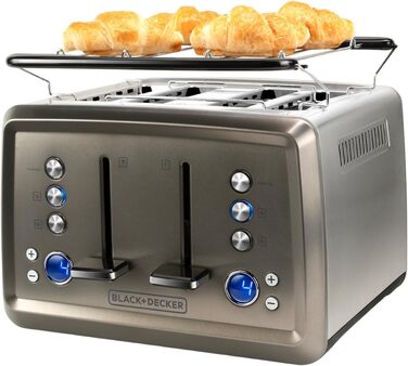 Тостер BLACK+DECKER BXTO1960E з цифровим керуванням, 1960 Вт, 4 слоти, 6 рівнів підсмажування, функції: стоп, підігрів, розморожування, автоматичне центрування, підігрівач для бутербродів