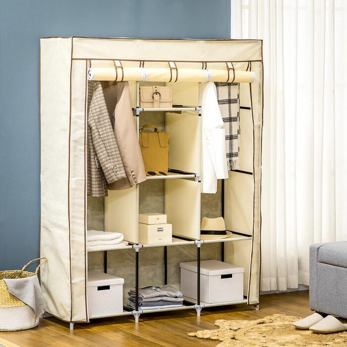 HOMCOM Closet, Fabric Wardrobe with Drawers, Clothes Rail and Zipper, Fabric Clothes Closet Folding Wardrobe for Bedroom, Dressing Room, 102 x 42.5 x 162.5 cm, (Cream White, 125L x 43W x 162.5H cm)